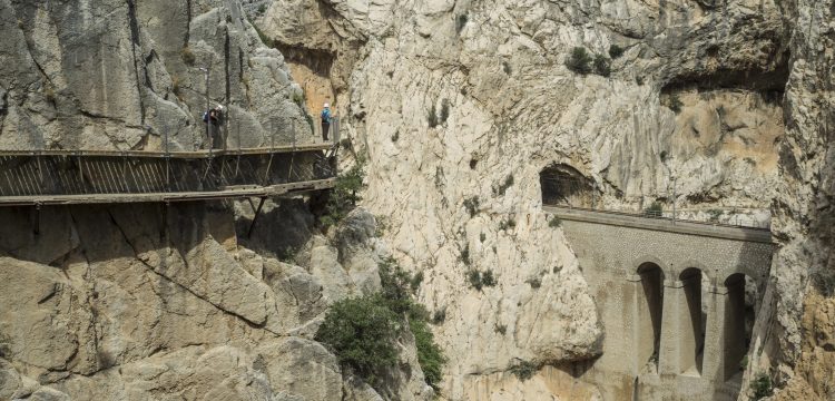 Elevated view of Caminito Del Ray walkway and bridge, El Chorro, Malaga, Spain